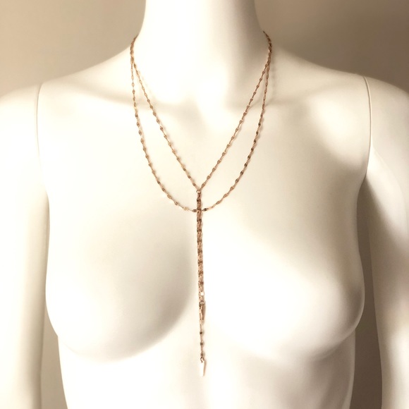 Gold Tone Double Chain Drop Lariat Necklace - Picture 10 of 10